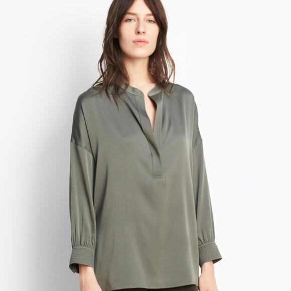 Vince Silk Shirred Drape Pullover Long Sleeve V neck Blouse in Frog - Picture 1 of 10